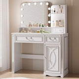 Ylued Vanity Desk with Mirror and Lights Power Outlet, 39 inch Makeup Vanity with Charging Station, Mid-Century Modern Dressing Table with 2 Drawers for Bedroom, White Ylued