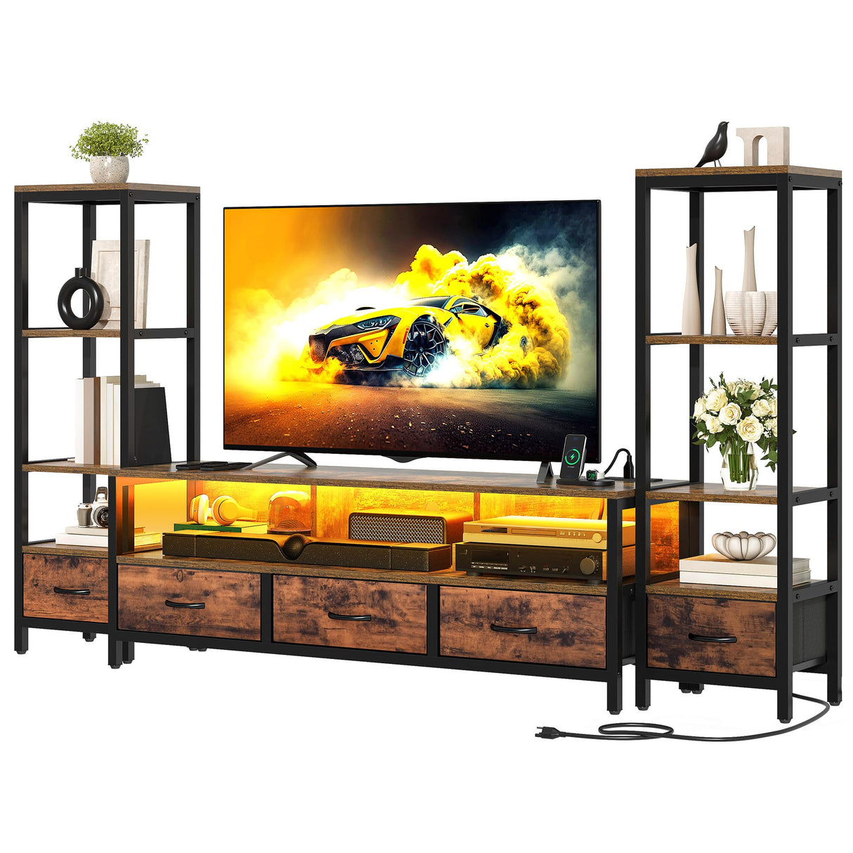 YITAHOME TV Stands for 65 inch TV Entertainment Center with 2 Industrial 4-Tier Bookshelves, LED TV Stands for Living Room, Modern Farmhouse TV Console Cabinet with Power Outlets, Rustic Brown YITAHOME