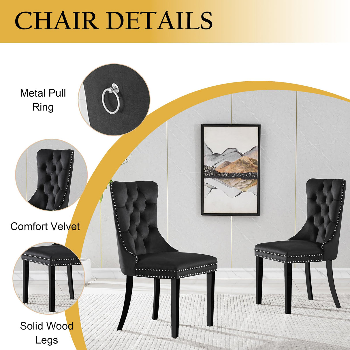 Modehodei 5-Piece Glass Dining Table Set for 4, Include 36" Round Tempered Glass Kitchen Table and 4 Black High Back Chairs for Dining Room, Living Room (Gold Legs) Modehodei