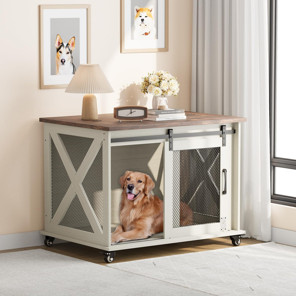 IDEALHOUSE 37'' Dog Crate Furniture Side End Table with Flip Top and Movable Divider, Wooden Dog Crate Table Large, Style Dog Kennel Side End Table, White IDEALHOUSE