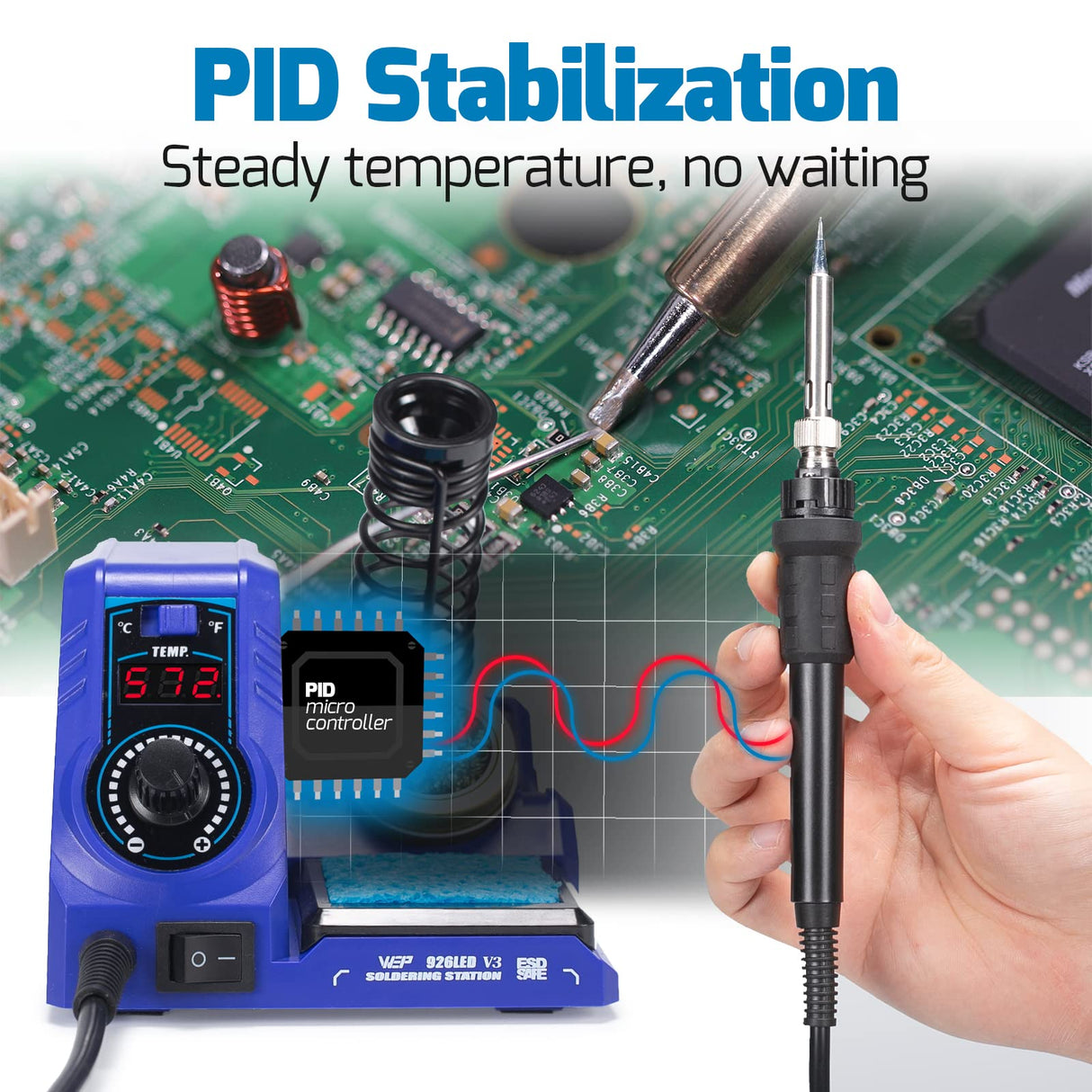 WEP 926LED V3 Soldering Iron Station Kit with Solder Wire, 5 Soldering Tips, Tip Cleaner,Tweezers, Desoldering Pump with Temperature Control, Sleep Mode, C-F Conversion Function WEP