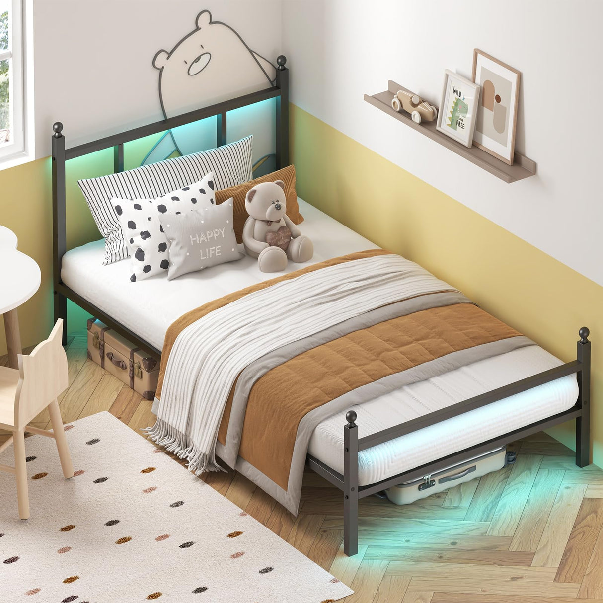 Fixwal Twin Bed Frame with Charging Station, Metal Bed Frame with Port and Outlet, Black Fixwal