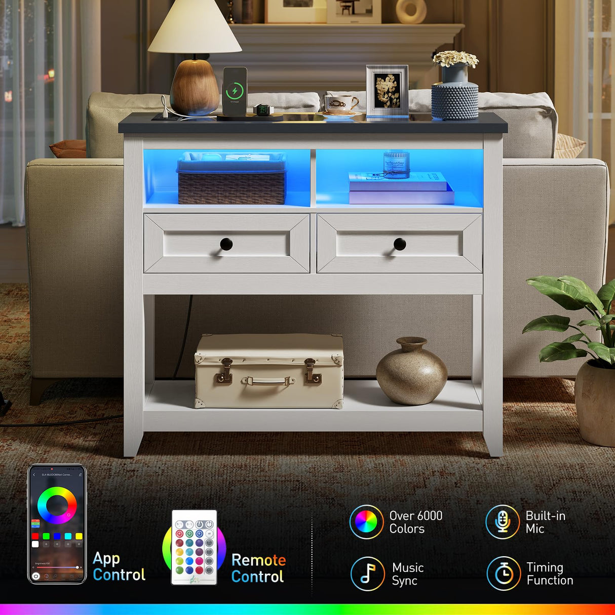 RALGEND Farmhouse Console Table with Charging Station and LED Strip, Entryway Table with 2 Drawers, Sofa Table with Storage, for Entryway, Living Room, Hallway, White and Ink Blue RALGEND