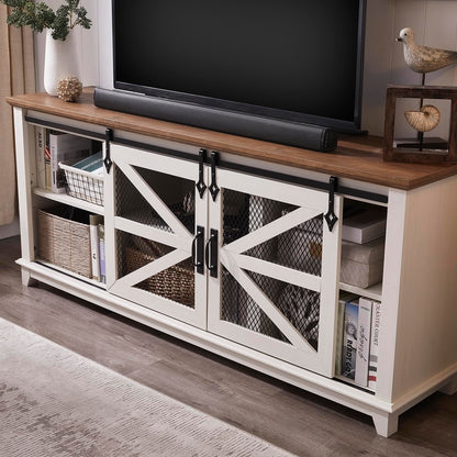 OKD Farmhouse TV Stand for 75 Inch TV, Industrial & Farmhouse Media Entertainment Center w/Sliding Barn Door, Rustic TV Console Cabinet w/Adjustable Shelves for Living Room, Antique White - WoodArtSupply