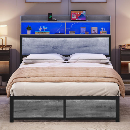 YITAHOME Queen Size LED Bed Frame with USB Ports & Storage Shelves in Vintage Grey - WoodArtSupply