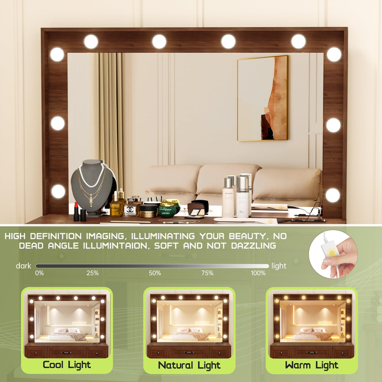 Crownland Vanity with Lighted Mirror, Makeup Vanity Table Set with Drawers and Charging Station, Vanity Desk with 3 Adjustable Lighting Modes and Stool Set(Brown) Crownland