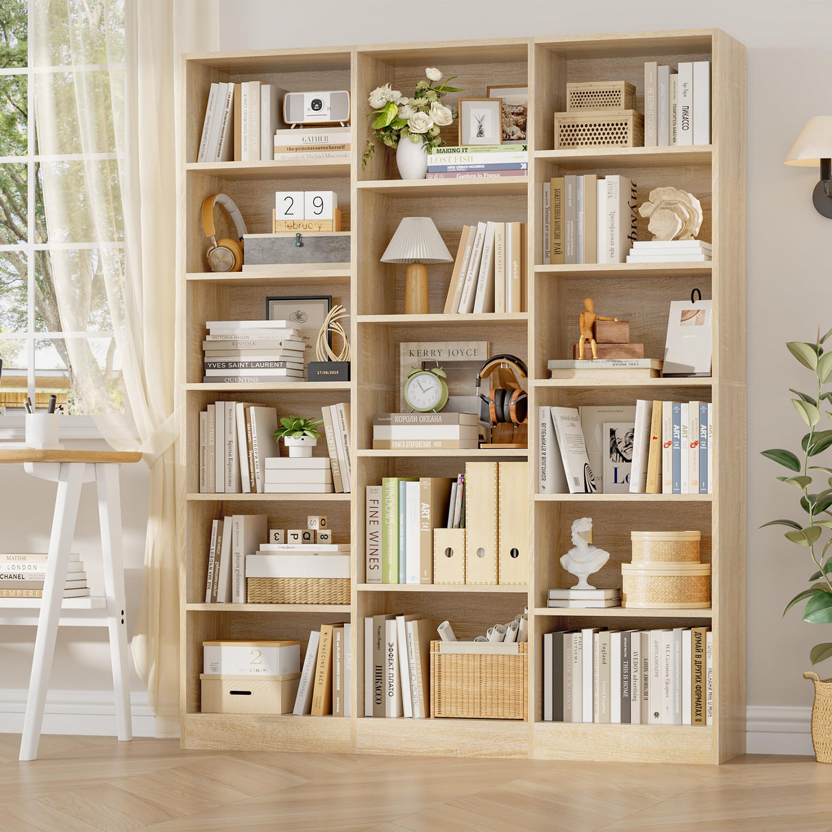 FACBOTALL Triple Wide Bookshelf, 6 Tier Large Bookshelf, Bookcase with 17 Open Display Shelves, 74'' Tall Bookcases and Bookshelves for Living Room, Home Office, Library, Light Oak FACBOTALL