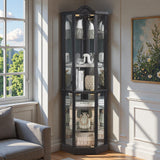 Trygoal 72" H Lighted Wooden Corner Curio Cabinet, Curio Cabinet with Light Bulb, Accent Wooden Corner Case with Glass Doors & Shelves for Living Room, Dining Room, Black Trygoal