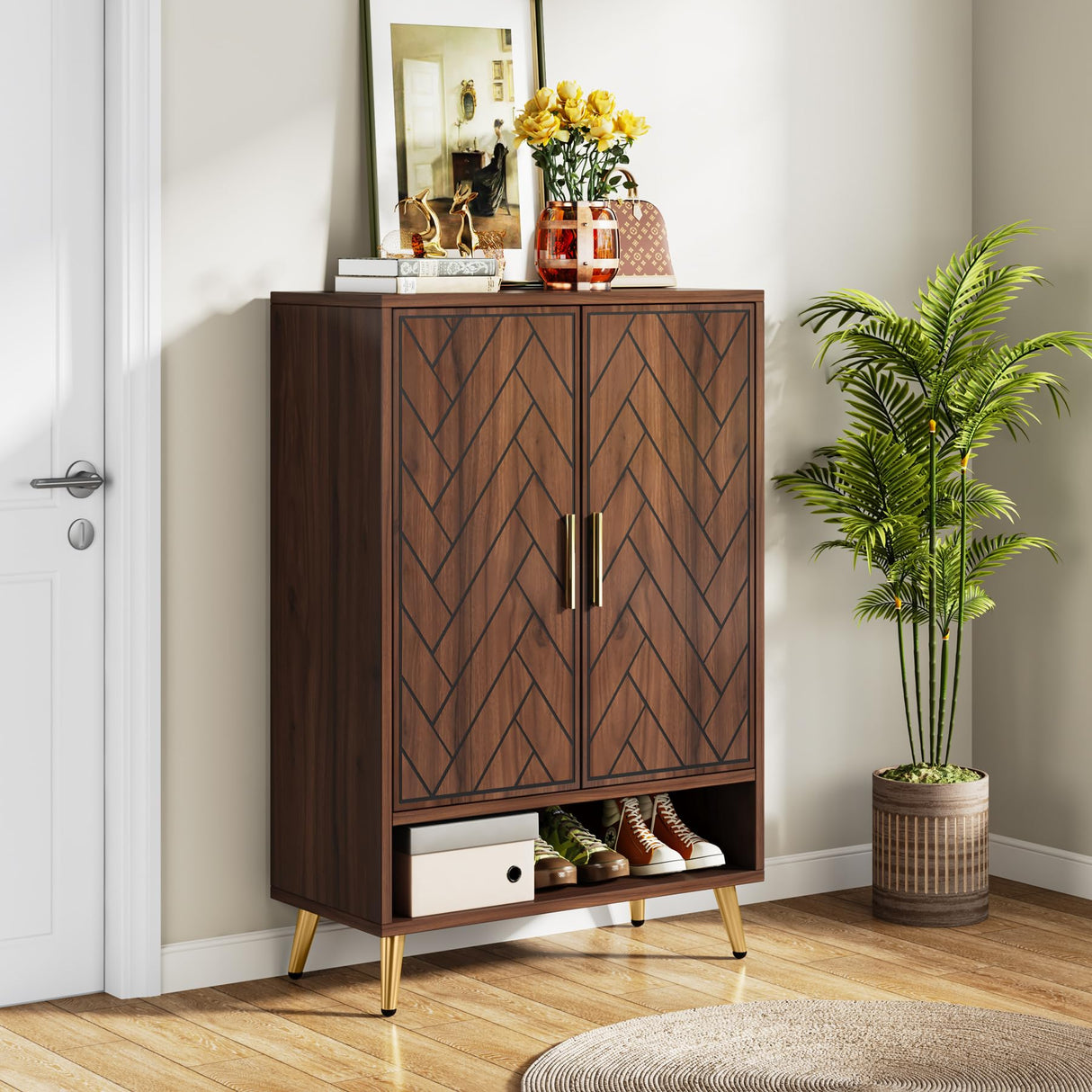 Tribesigns Walnut Shoe Cabinet with Doors, 6-Tier 24 Pairs Shoe Storage Cabinet for Entryway, Wooden Entryway Shoe Cabinet with Adjustable Shelves for Living Room, Bedroom (Walnut, Gold Legs) Tribesigns