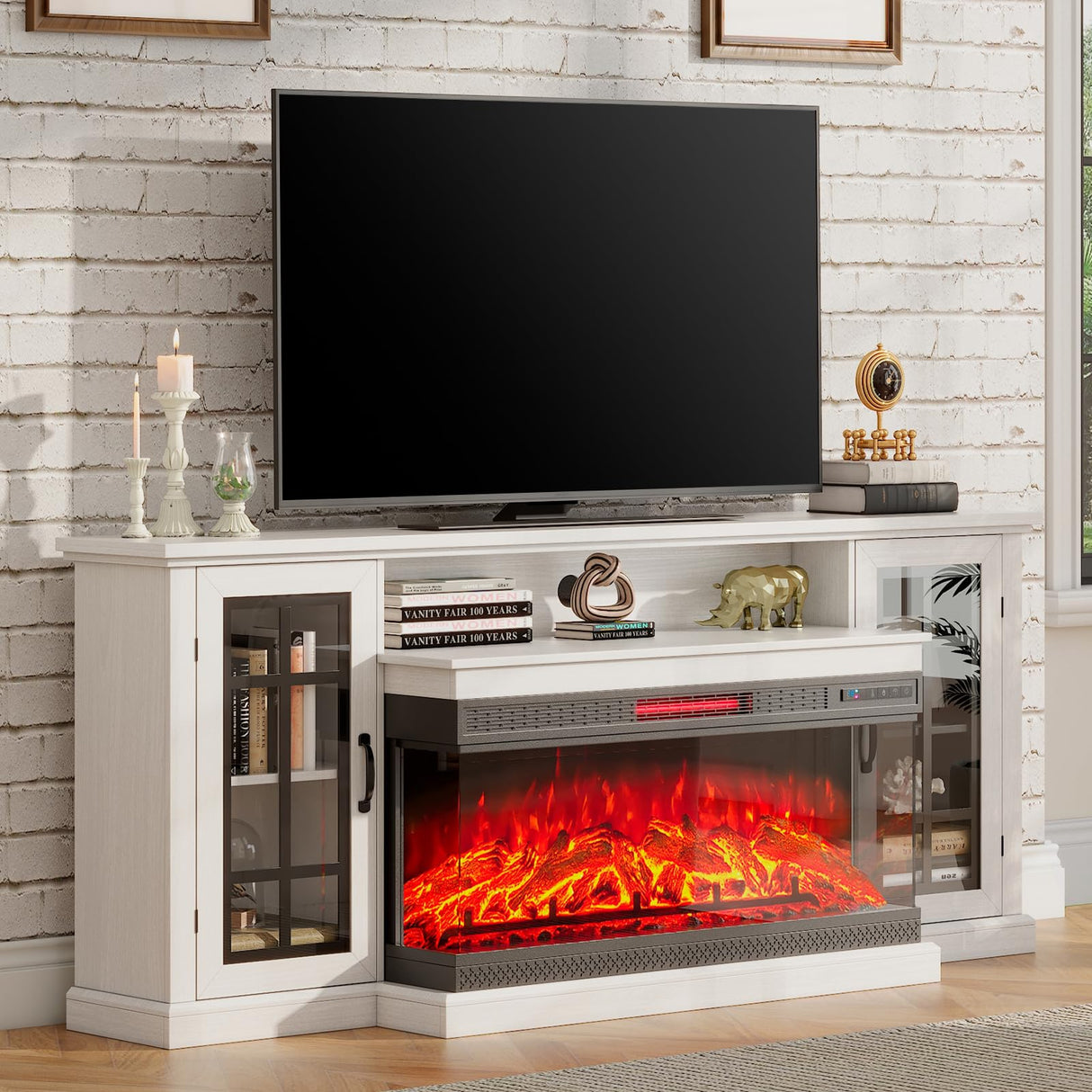 AMERLIFE 75in 3-Sided Glass Fireplace TV Stand for TVs up to 85", Rustic Media Entertainment Center Console Table with Glass Door Closed Storage, Distressed White AMERLIFE