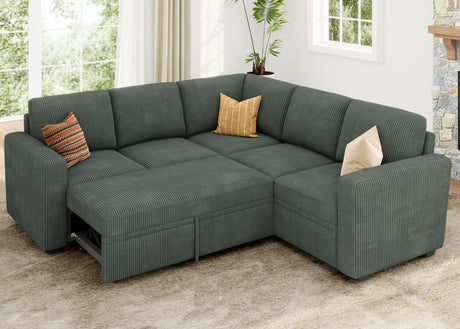 HONBAY Modular Sectional Sleeper Sofa with Pull Out Bed, Corduroy L Shaped Couch with Storage Seats, Convertible Sectional Couches for Living Room, Green HONBAY