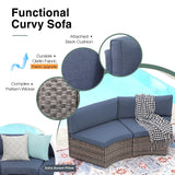SUNSITT Outdoor Patio Furniture 11-Piece Half-Moon Sectional Round Patio Furniture Set Curved Outdoor Sofa with Tempered Glass Round Coffee Table, 4 Pillows, Grey Rattan & Denim Blue Cushion SUNSITT