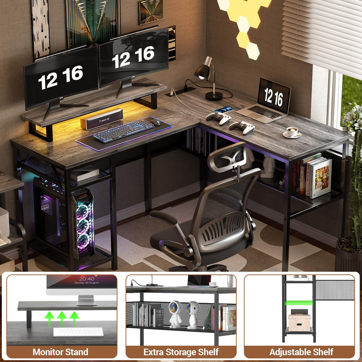 Unikito 55 Inch L Shaped Computer Desk with Power Outlets, Smart LED Lights & Unique Grid Design Unikito