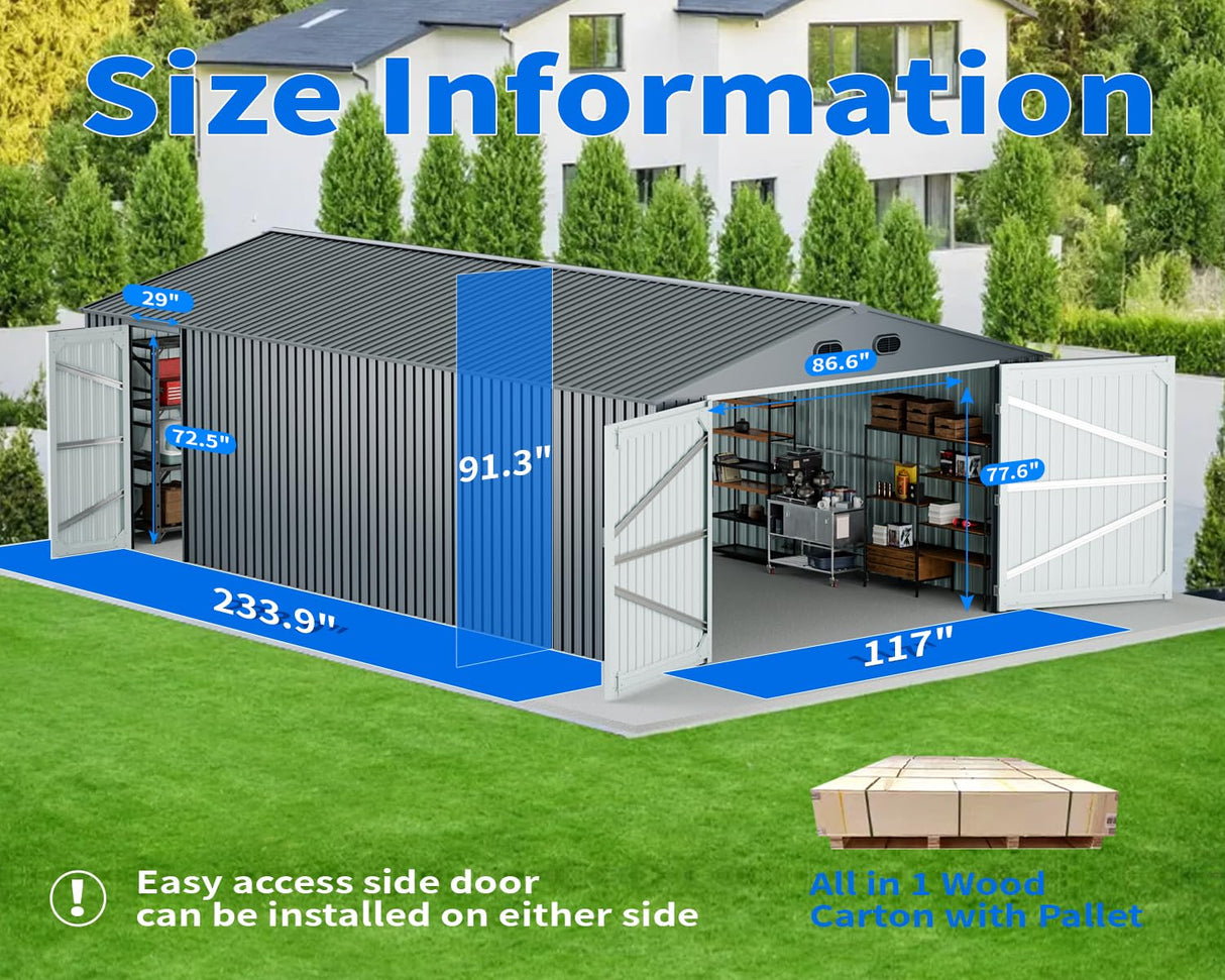 10x20 FT Outdoor Storage Shed, Metal Garage Shed with 2 Lockable Doors, Large Metal Building with 4 Air Vents, Galvanized Steel Prefab Garage Sheds for Car, Truck, Tool, Dark Gray ANTSKU