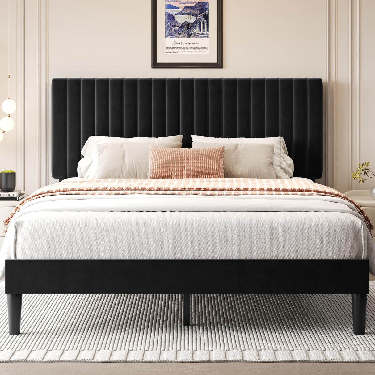 Fluest Queen Bed Frame with Adjustable Headboard, Upholstered Velvet Bed Frame, Platform Bed Frame, Under-Bed Storage, No Box Spring Needed, Easy Assembly, Black Fluest