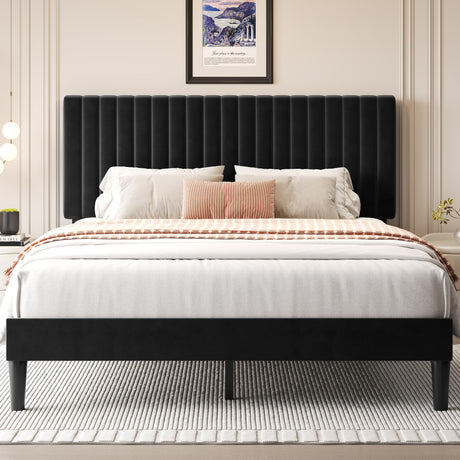 Fluest Queen Bed Frame with Adjustable Headboard, Upholstered Velvet Bed Frame, Platform Bed Frame, Under-Bed Storage, No Box Spring Needed, Easy Assembly, Black Fluest