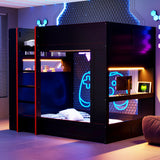 LUMISOL Full Size Gaming Loft Bed with Desk, Wood Bunk Bed Frame with Storage Shelves, LED and Charging Station, Black LUMISOL