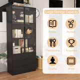 Vrmuxita Display Cabinet with Glass Doors: 79" Black Lighted Display Cabinet with 3 Drawers, Tall Bookcase with 2 Doors, Glass Door Bookcase for Living Room (Black) Vrmuxita