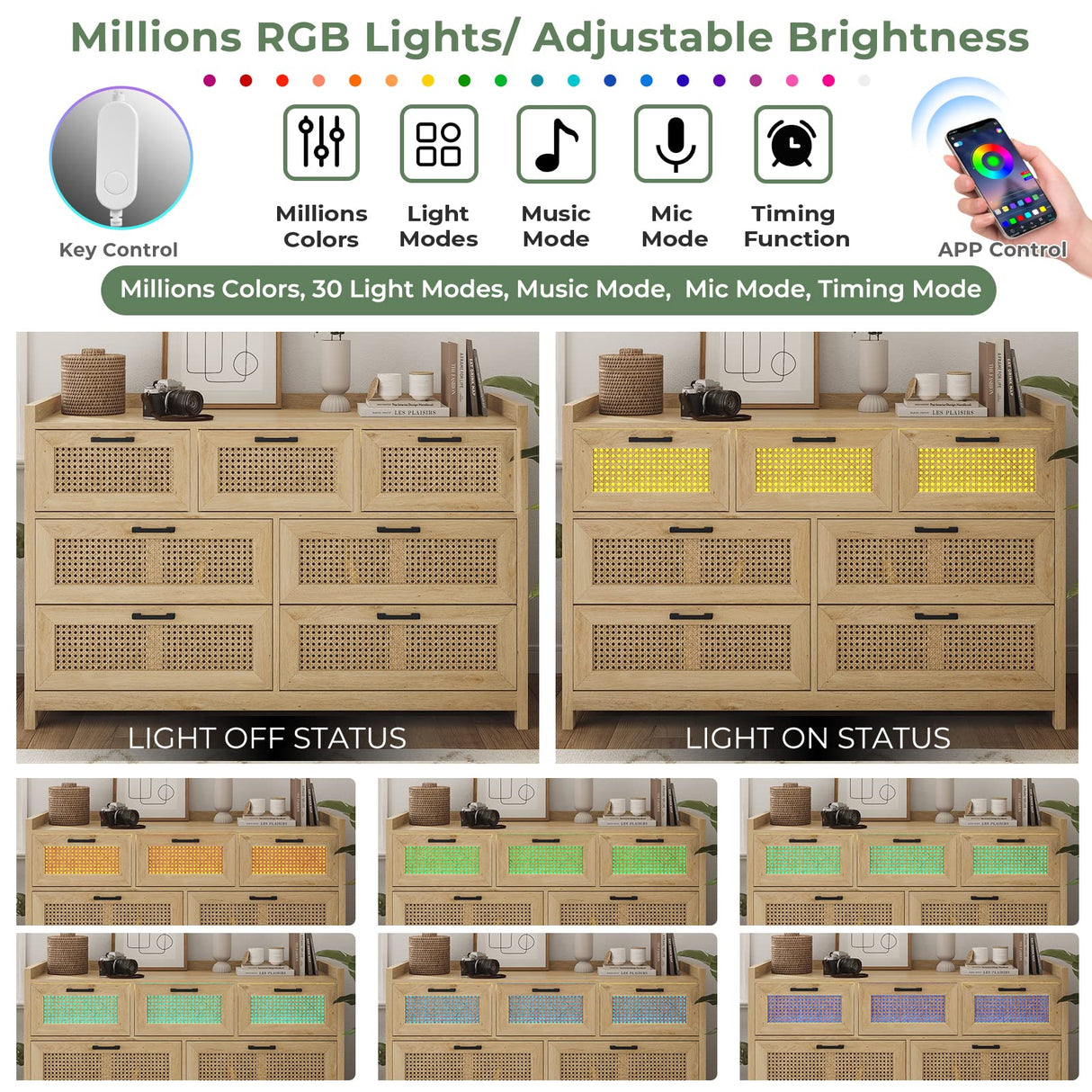 AOGLLATI Dresser for Bedroom with Led Light, Natural Rattan 7 Drawer Dressers, Dressers & Chests of Drawers, Closet Wooden Long Bedroom, Hallway, Entryway AOGLLATI