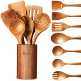 Wooden Spoons for Cooking - 8-Piece Wooden Kitchen Utensil Set made of Natural Solid Wood Material - Includes Spoons, Spatulas, Ladles, Strainer Spoon, Salad Fork, Mixing Spoon and Utensil Holder WOTTISH