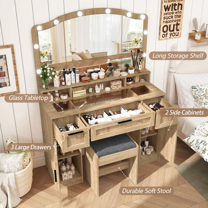 usikey Farmhouse Vanity Desk with Large Lighted Mirror and 10 Lights, 43.3" Glass Tabletop Makeup Vanity with 3 Drawers, Large Vanity Tabel Set with Long Storage Shelf, 2 Cabinets and Stool,  - WoodArtSupply