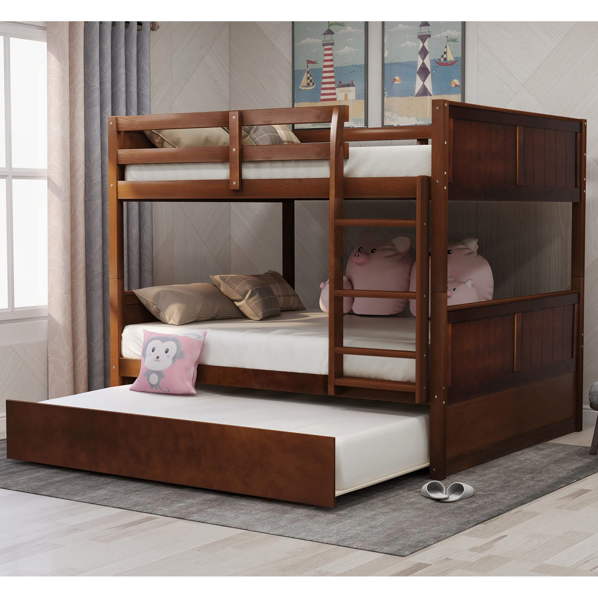 Merax Bunk Bed with Trundle, Full-Over-Full Wood Bed Frame No Box Spring Needed for Kids, Boys or Girls, Walnut Merax