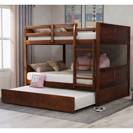 Merax Bunk Bed with Trundle, Full-Over-Full Wood Bed Frame No Box Spring Needed for Kids, Boys or Girls, Walnut Merax