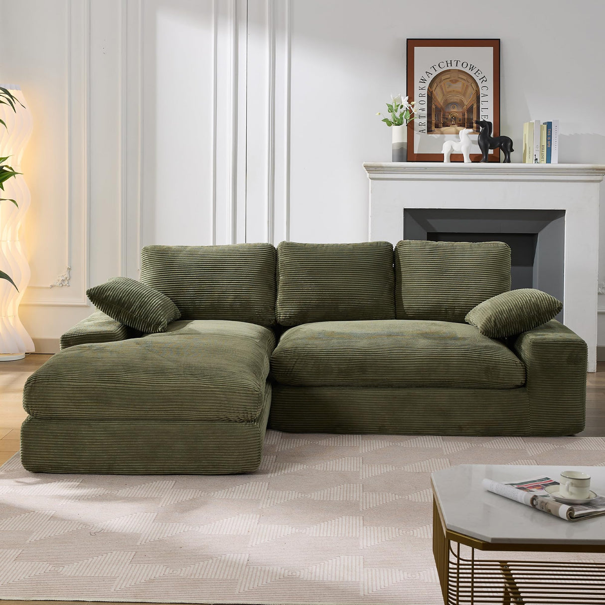GNIXUU Corduroy Cloud sectional couches for Living Room, 98.4" Fluffy Large L Shaped Sofa with Deep Seat & Comfy Chaise, Upholstered Modular 3 Seat Couch Sleeper for Apartment, Studio, Office, Green GNIXUU