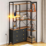 AFLUI Corner Bookshelf with LED Lights & 6 Fabric Drawers, 5-Tier Industrial L-Shaped Bookcase with Acrylic Display Shelf for Living Room, Office AFLUI