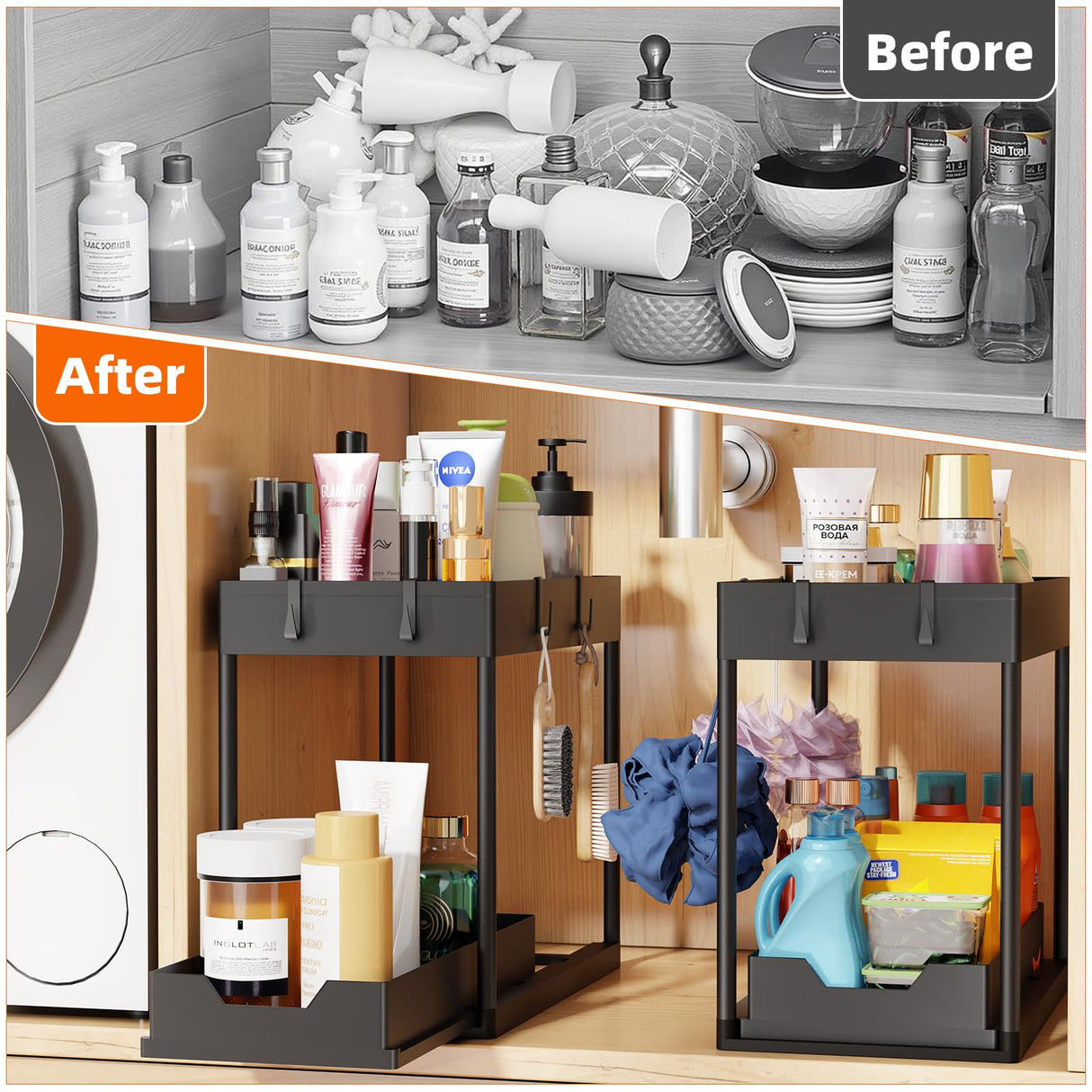 Simple Trending Under Sink Organizer 2 Pack, Sink Pull-Out Sliding Storage Cabinet, 2-Tier Under Shelf Organizer for Kitchen Bathroom, Black Simple Trending