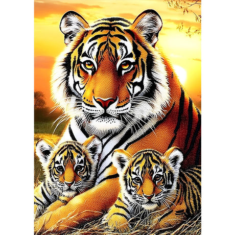 MXJSUA DIY Diamond Painting Kits for Adults, Tiger Family Diamond Gem Art Painting for Beginners, Diamond Picture with Full Round Drill Dots Craft Set Gift, 12x16 Inch MXJSUA
