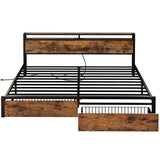 LIKIMIO Vintage Brown King Bed Frame with Storage Headboard and Charging Station LIKIMIO