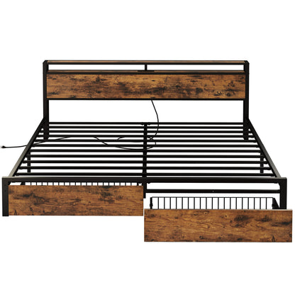 LIKIMIO Vintage Brown King Bed Frame with Storage Headboard and Charging Station - WoodArtSupply