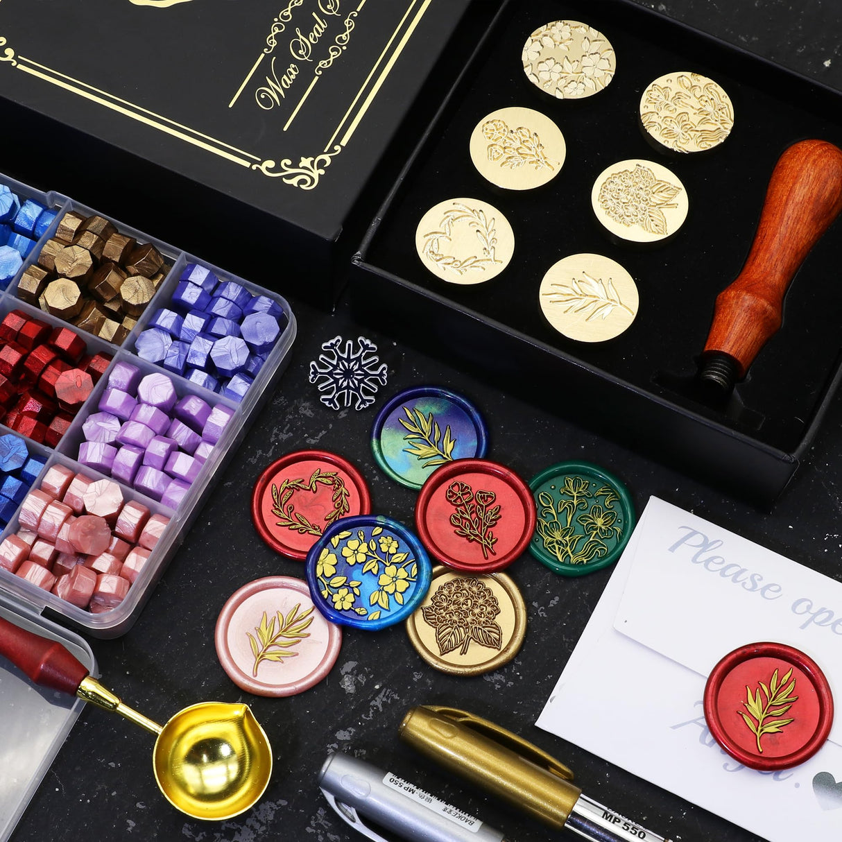 SWANGSA Botanical Flower Wax Seal Stamp Kit with 450pcs Sealing Wax Beads, 2 Pens and Spoon for Wedding, Invitations, Cards, Envelope, Christmas SWANGSA