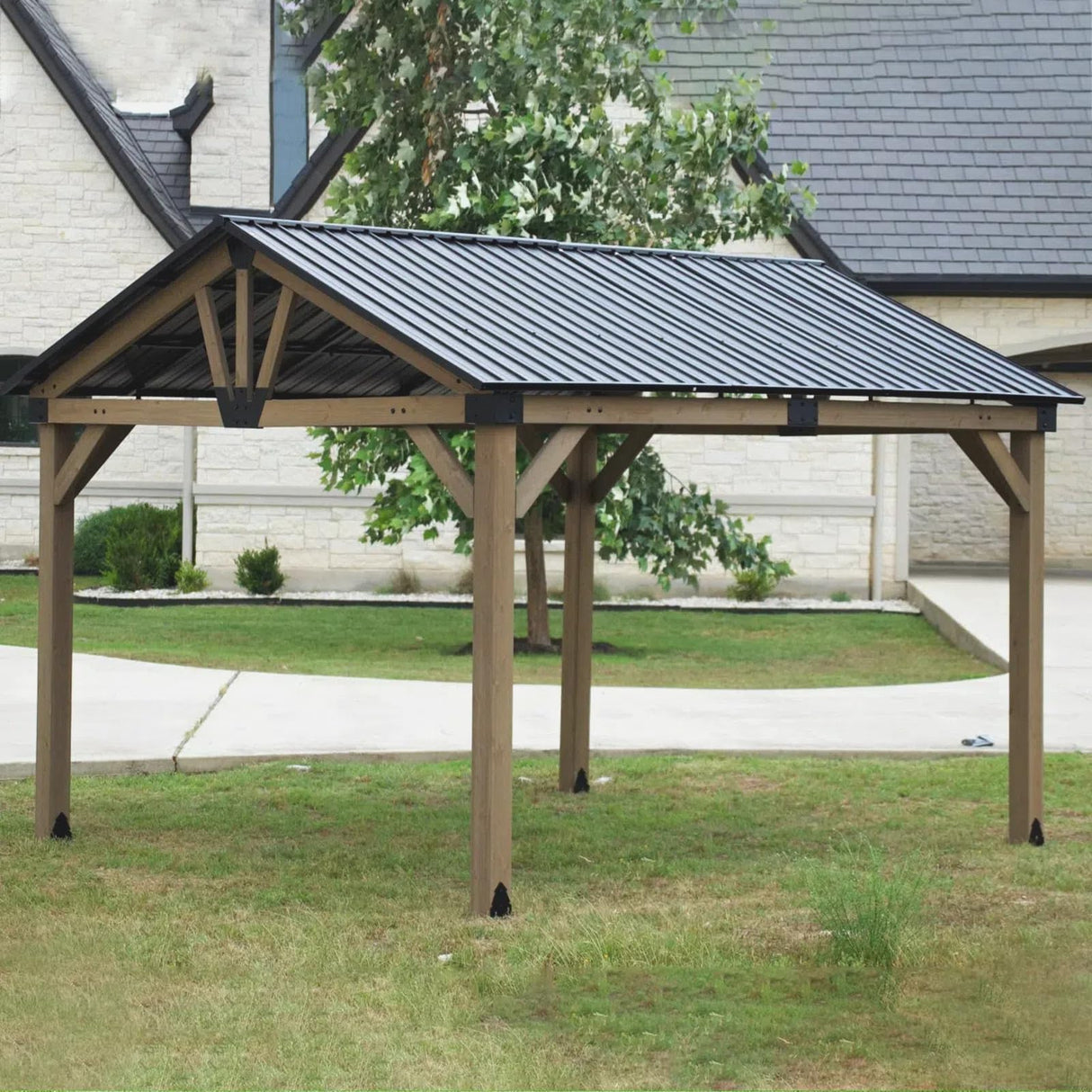 CHARMELEON 10x12 FT Wood Gazebo Outdoor – Hardtop Metal Roof Gazebo with Cedar Frame – Patio Gazebo for Wood Carport Use – Gable Roof Pavilion Gazebo para Patio, Backyard, Deck, Lawn and Garden HEAVDUTY
