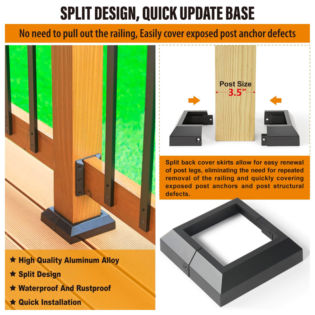 Wocepu 4 pcs 4x4 (Actual: 3.5"x3.5") Aluminum Deck Post Base Cover, for Deck railings, Stairs, Patios, Porches Split Deck Post Skirt (Black) WOCEPU