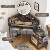 Corner Vanity with Mirror and Lights,Modern Makeup Vanity with Charging Station for Bedroom/Cloakroom,Glass Top Vanity Desk with Drawers and Shelves,Grey Dystler