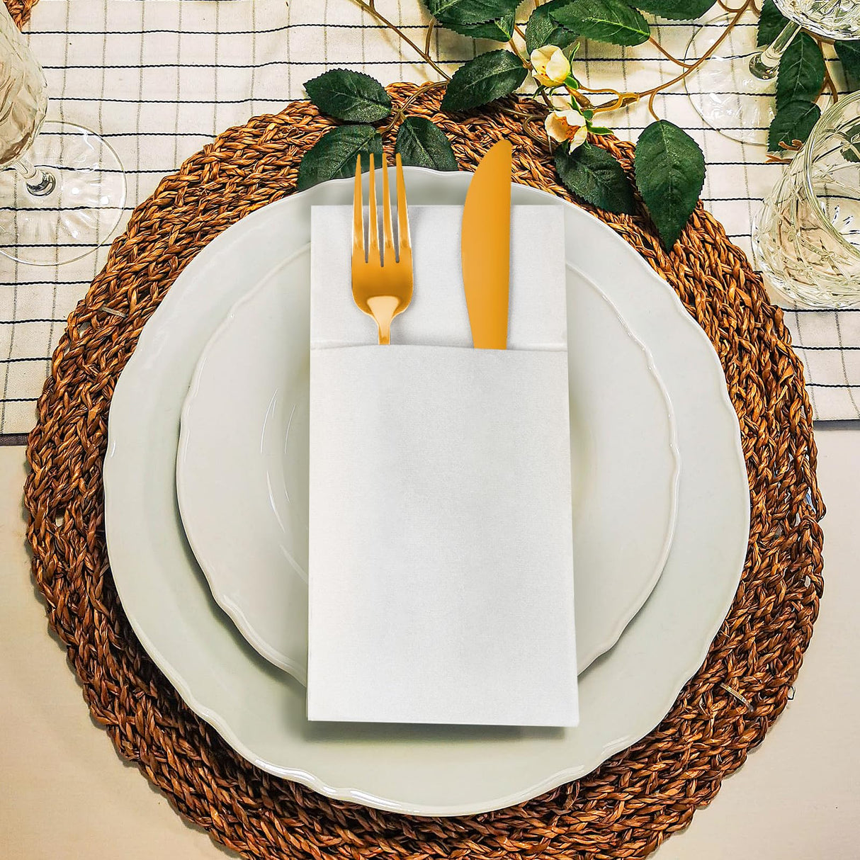 KAMMAK White Dinner Napkins Disposable Cloth Like Paper Napkins Folded with Pocket 100 Pack Guest Hand Towels for New Year Decoration, Bathroom, Party, Wedding Reception, Kitchen (16.5 x 16.5 in) KAMMAK