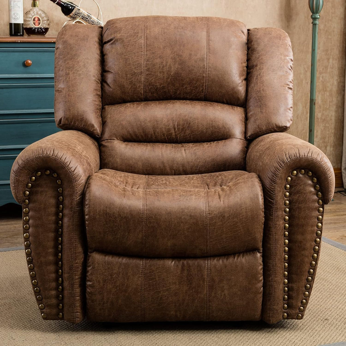 CANMOV Leather Recliner Chair Set of 2, Classic and Traditional Manual Recliner Chair with Comfortable Arms and Back,Manual Single Recliner Sofa for Living Room, Nut Brown CANMOV