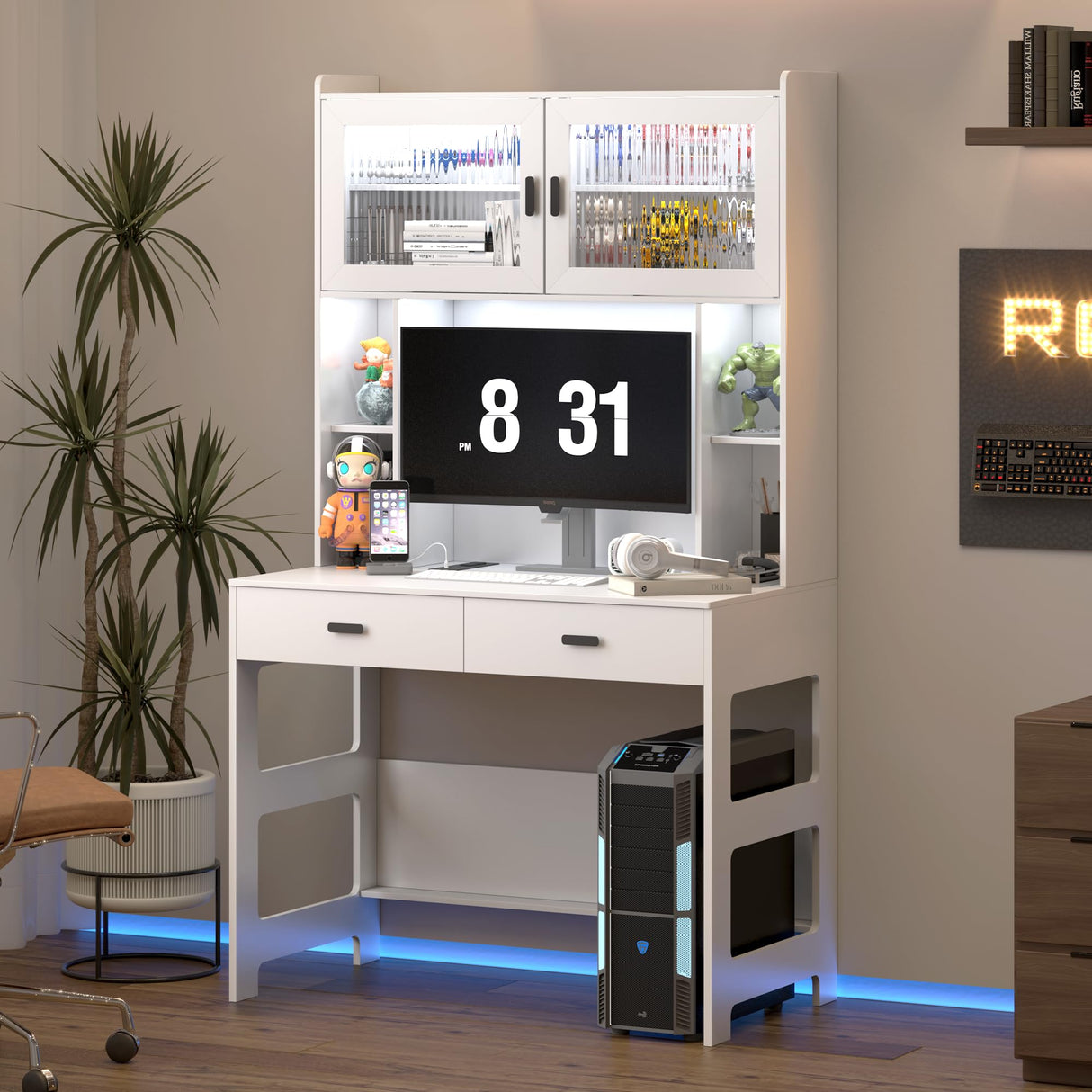 LVSOMT Home Office Desk with Hutch, Modern Computer Gaming Desk with LED Lights & Power Outlets, White Study Table with Storage Shelves, Teen Writing Desk for Bedroom, 40'' W LVSOMT