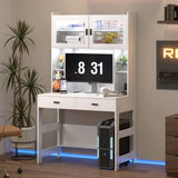 LVSOMT Home Office Desk with Hutch, Modern Computer Gaming Desk with LED Lights & Power Outlets, White Study Table with Storage Shelves, Teen Writing Desk for Bedroom, 40'' W LVSOMT
