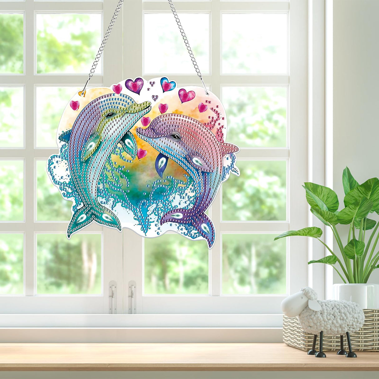 Bowetile Dolphin Diamond Art Hanging Kits for Adults Kids, 5D Special Shape Diamond Painting Animals Kits, Animal Gem Art Suncatchers Painting Pendant Ornament for Home Garden Wall Decor Bowetile