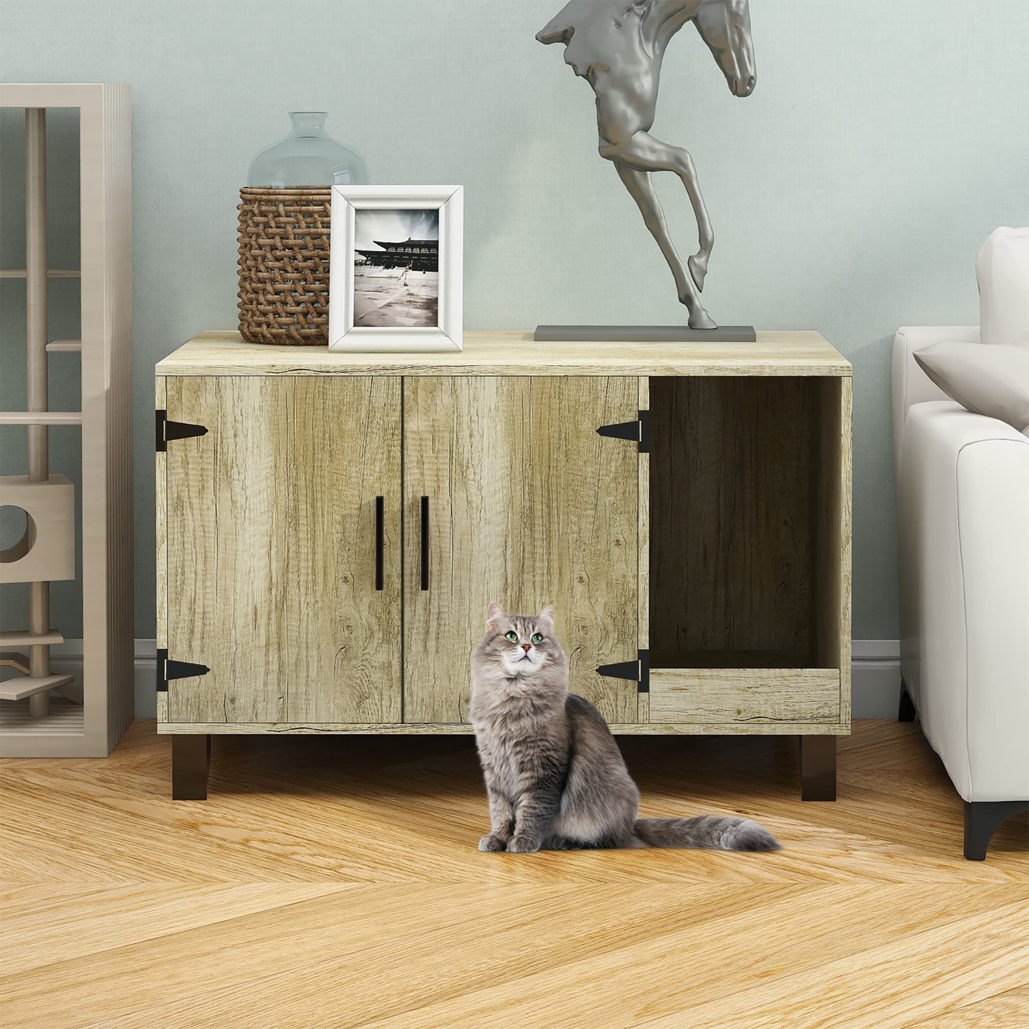 TaoHFE Litter Box Enclosure Cat Litter Box Furniture Hidden with Cat Scratch Pad Decorative Farmhouse Wooden Hidden Litter Box Cat House Litterbox Furniture Cat Box Furniture Litter Box Cabinet Oak Wo...