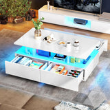 YITAHOME LED Coffee Tables for Living Room, High Glossy Coffee Table with Storage 4 Sliding Drawers, Small Rectangular LED Coffee Table Center Table with Open Display Shelf, Glossy White YITAHOME