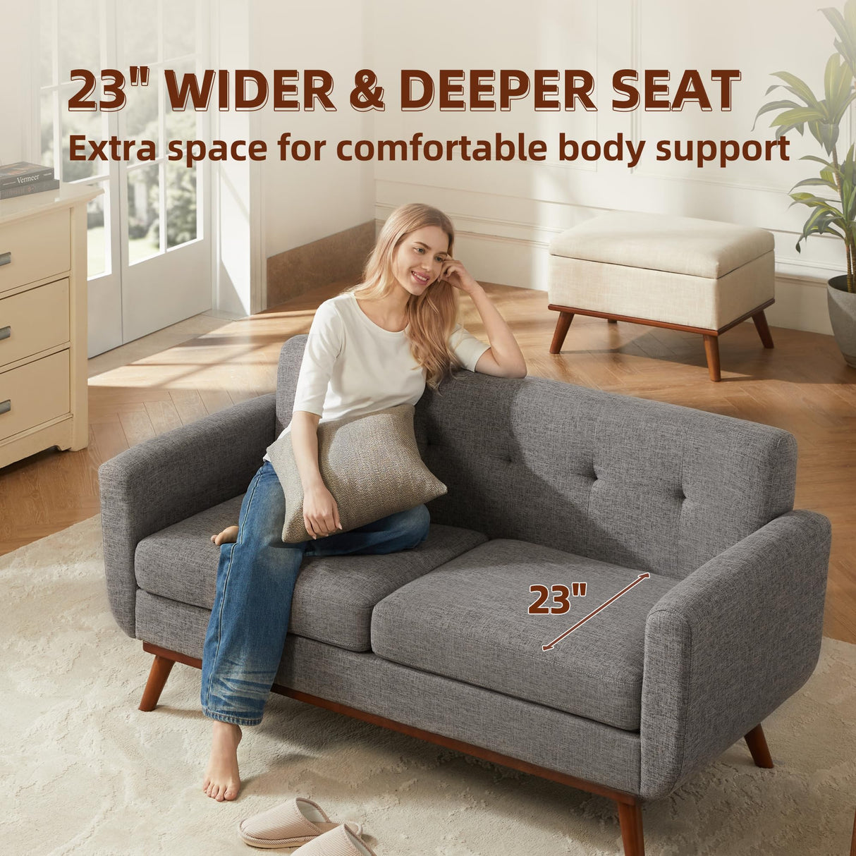 Kingfun 65.2" W Loveseat Sofa, Mid Century Modern Decor Love Seat Couches for Living Room, Button Tufted Upholstered Furniture, Solid & Easy to Install Small Couch for Bedroom Office Apartment, Grey Kingfun