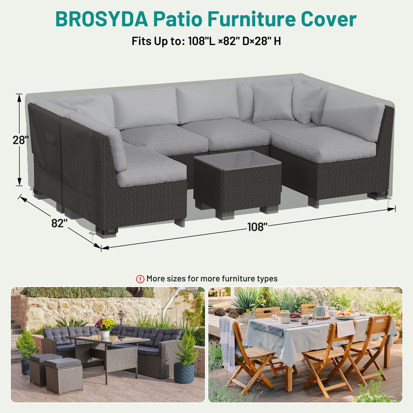 BROSYDA Upgraded Patio Furniture Set Cover, Improved Heavy Duty Waterproof Outdoor Furniture Covers Outdoor Couch Cover Table and Chair Cover with Adjustable Straps, 108"L ×82" D×28" H, Back - WoodArtSupply