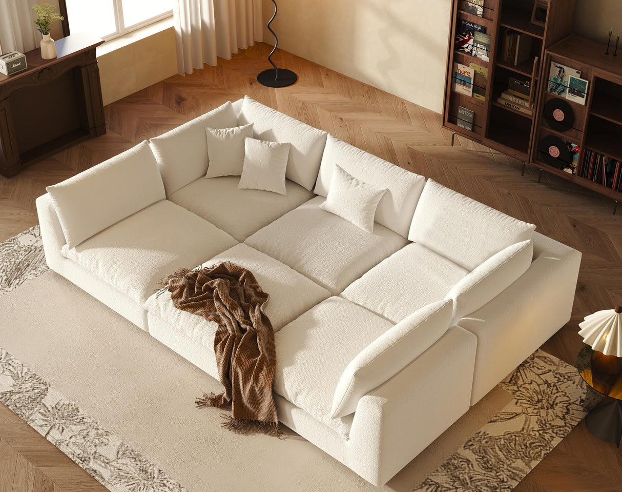 Oversized Modular Sectional Sofa,Cloud Couch Sectional Deep Seat Sofa Cushion Covers Removable,Oversized Sectional Couches for Living Room(6 Seater-Cream White Linen) Fajiani