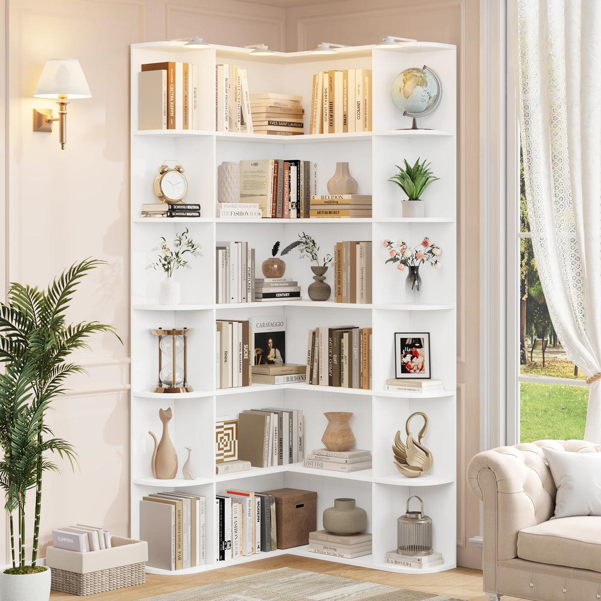 FOTOSOK 74” Tall Corner Bookshelf, 6-Tier Bookshelf and Bookcase with Open Storage, L Shaped Tall Bookcases Wooden Storage Shelves for Home Office, Thickened Boards for Better Load Bearing, White FOTOSOK