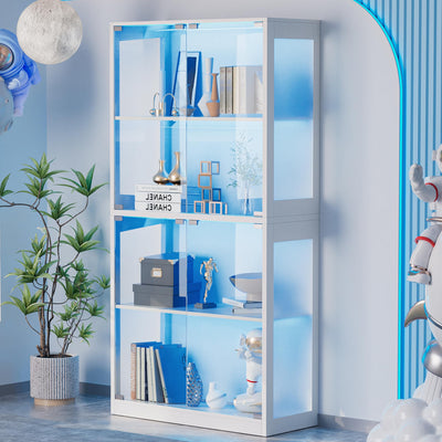 UTOASIS 65" Tall Glass Display Cabinet with Doors, 4-Tier Curio Cabinet for Collectibles with 12 LED Lights, Glass Display Case with 3 Shelves for Toys & Books, Home, Office and Playroom (White)