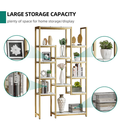 YITAHOME 6-Tier Gold & Marble Bookshelf - 71” Tall Free Standing Bookcase with 12 Open Storage Areas for Living Room, Bedroom & Office - WoodArtSupply